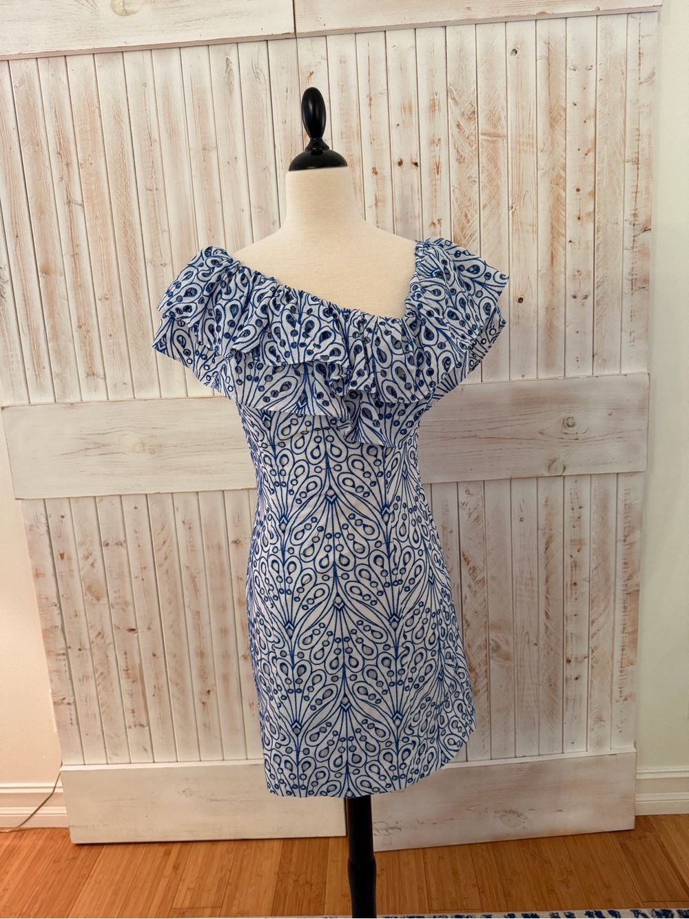 Lilly Pulitzer Blue and White Off-Shoulder Ruffle Summer Dress